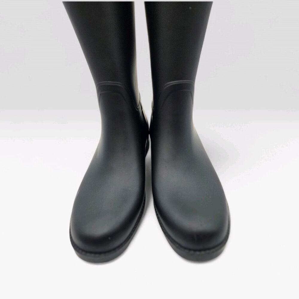 Tory Burch Diana Rain Boot Black Rubber Brown Leather Riding Boots Logo Sz 6 - Picture 3 of 7